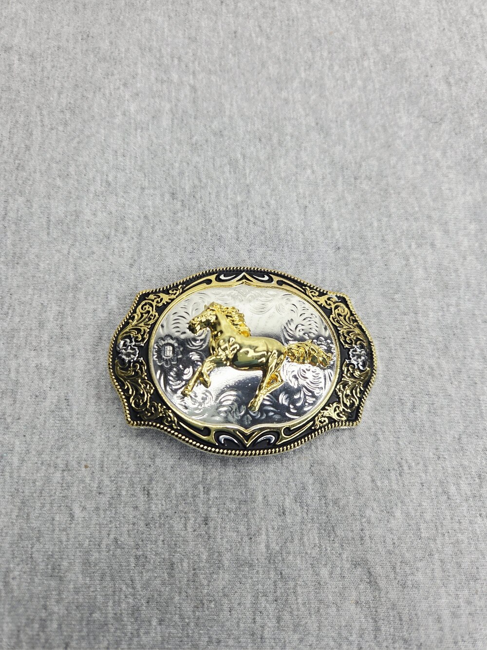 Gold & Silver Filigree Horse Rhinestone Oval Belt Buckle